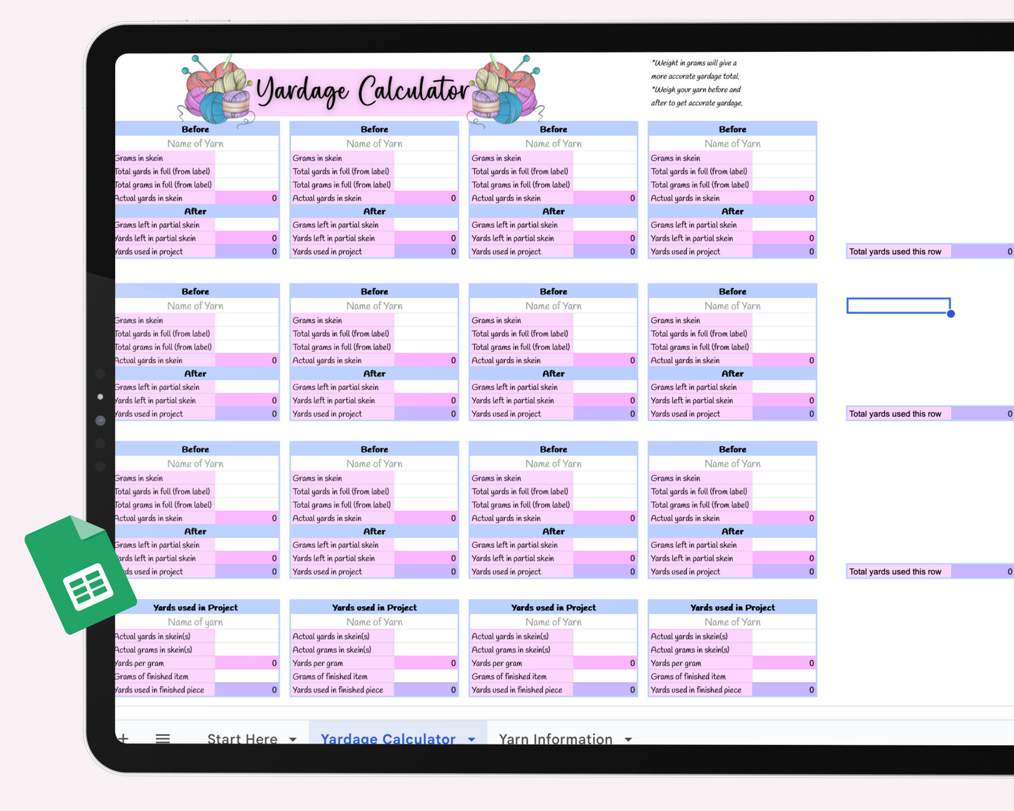 Yardage Calculator spreadsheet